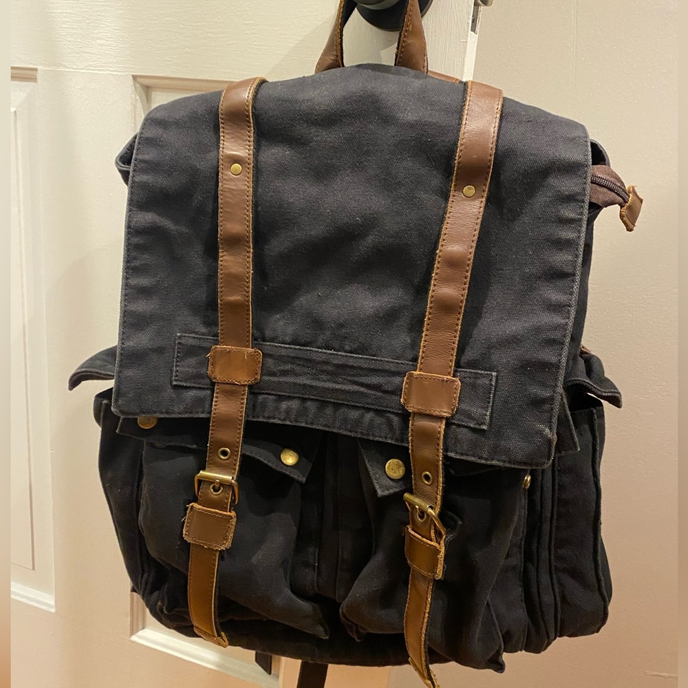 Canvas backpack black and brown backpacking camping weekender